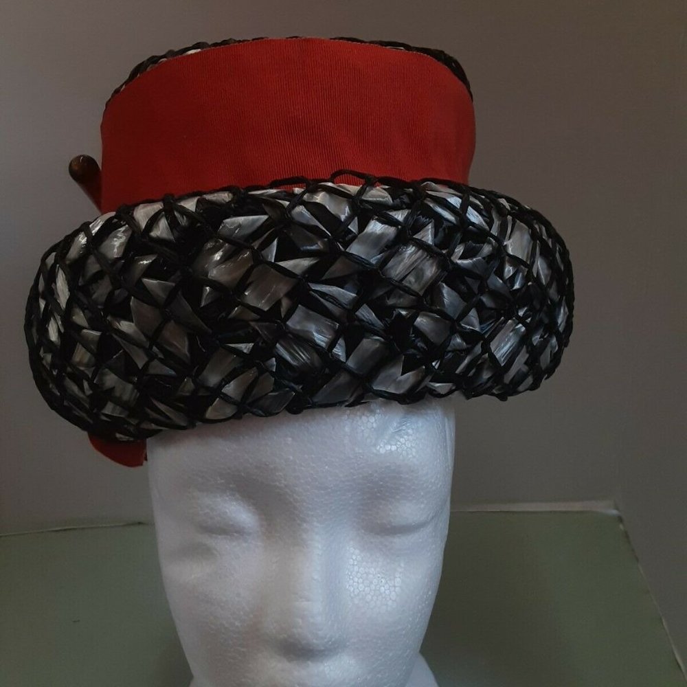 Vintage 1950's 1960s Pillbox Hat Black and White with orange ribbon.